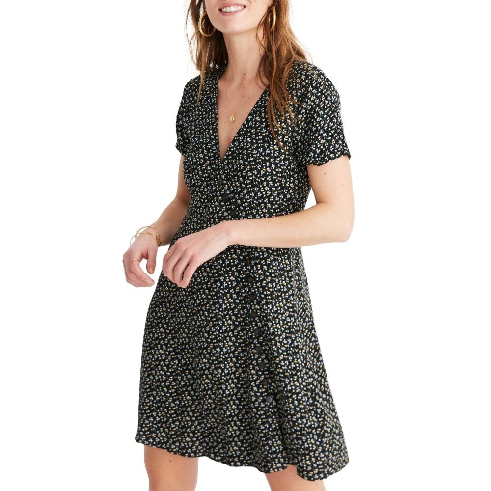 Madewell Button-Wrap Mini Dress in Playground Posies Short Sleeves Womens Sz 00